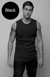 Black sleeveless jocko van v neck muscle top t shirt size large with v neckline made from breathable fabric