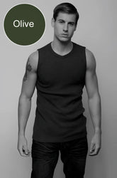 Olive-colored sleeveless cotton tank top jocko van v neck muscle top t shirt size l shown from the front