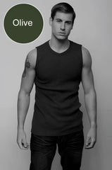 Olive-colored sleeveless cotton tank top jocko van v neck muscle top t shirt size l shown from the front