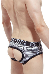Black and white geometric-patterned petitq jockstrap chill dédale petitq men’s briefs with bold angular design