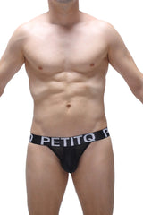 Black petitq brand jockstrap andlau with white logo waistband band in black briefs style front view