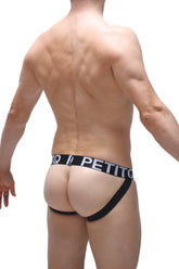 Black petitq branded briefs sleek form-fitting design in jockstrap andlau black showing front side
