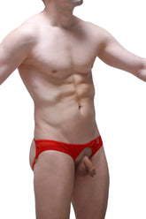 Red lace-trimmed men’s briefs jockstrap anglas bee red with small gold logo on the side