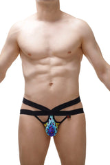 Black and colorful patterned men’s jockstrap with vibrant abstract leopard rainbow design for activewear