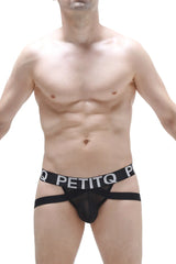 Black petitq jockstrap arlas net mens briefs with sheer mesh front and bold white waistband lettering