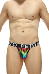 Men’s rainbow-striped briefs with black trim and petitq branded waistband in jockstrap arneke monti rainbow style
