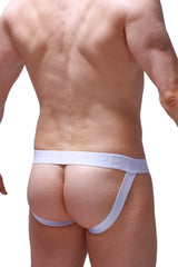 White athletic jockstrap aubure net maya blue with snug fit elastic waistband and embossed branding front view