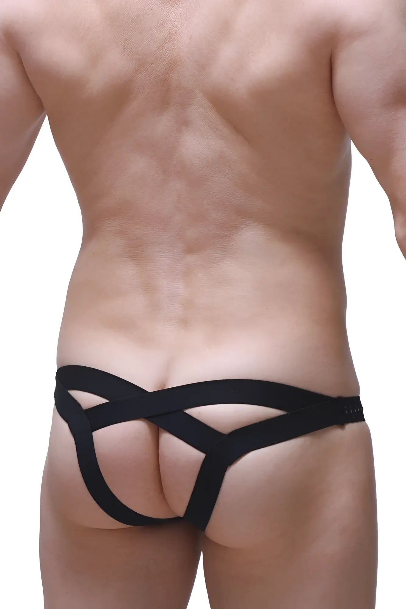 Black sleek form-fitting men’s briefs jockstrap bagard durtol with crisscross design on the back side