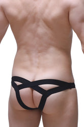 Black sleek form-fitting men’s briefs jockstrap bagard durtol with crisscross design on the back side