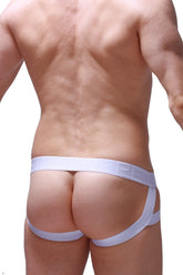 White seamless high-waisted briefs with minimalist design and subtle branding on the waistband from jockstrap baley mesh white