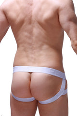 White seamless high-waisted briefs with minimalist design and subtle branding on the waistband from jockstrap baley mesh white