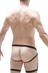 Black leather harness-style jockstrap ball lifter garter briefs with adjustable straps for secure fit