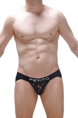 Black lace thong jockstrap bizas lace black with solid black waistband featuring petitq brand name in white letters