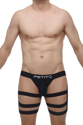 Black petitq jockstrap bondage men’s underwear with cut-out design and multiple horizontal straps front view