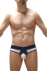 Navy blue and white lace-trimmed men’s briefs with central pouch design from the jockstrap brasc white collection