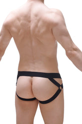 Black fabric briefs jockstrap brucy lace with wide waistband and crisscrossing side straps visible from front