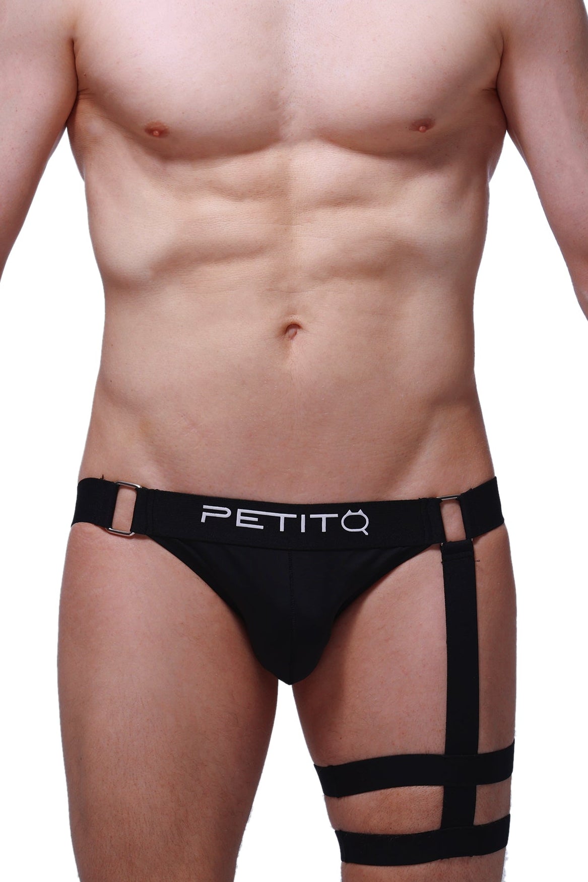 Black petitq jockstrap calenge briefs with adjustable leg straps and metallic buckle for comfortable support