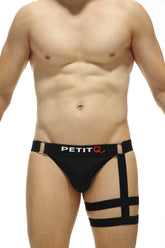 Black petitq jockstrap calenge recycled men’s briefs with harness-style adjustable straps front view