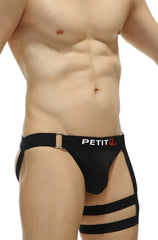Black petitq branded recycled jockstrap calenge briefs with three horizontal straps across the thighs front view