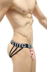 Pink lollipop-patterned petitq jockstrap with black elastic straps and branded waistband showing front view