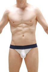 White chard modal jockstrap briefs with a navy blue waistband designed for athletic support and comfort