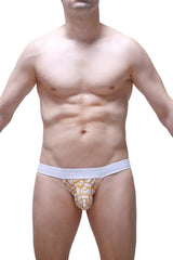 White and gold patterned petitq jockstrap briefs with solid white waistband for comfortable support