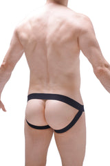 Black form-fitting high-waisted jockstrap ball-lifter fringe briefs with wide elastic waistband and supportive side straps
