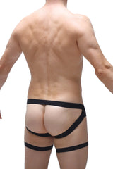 Black jockstrap garter athletic briefs with supportive design and elastic waistband shown from the back