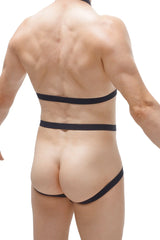 Black form-fitting jockstrap harness detachable lingerie set with two horizontal straps across the back shown from behind