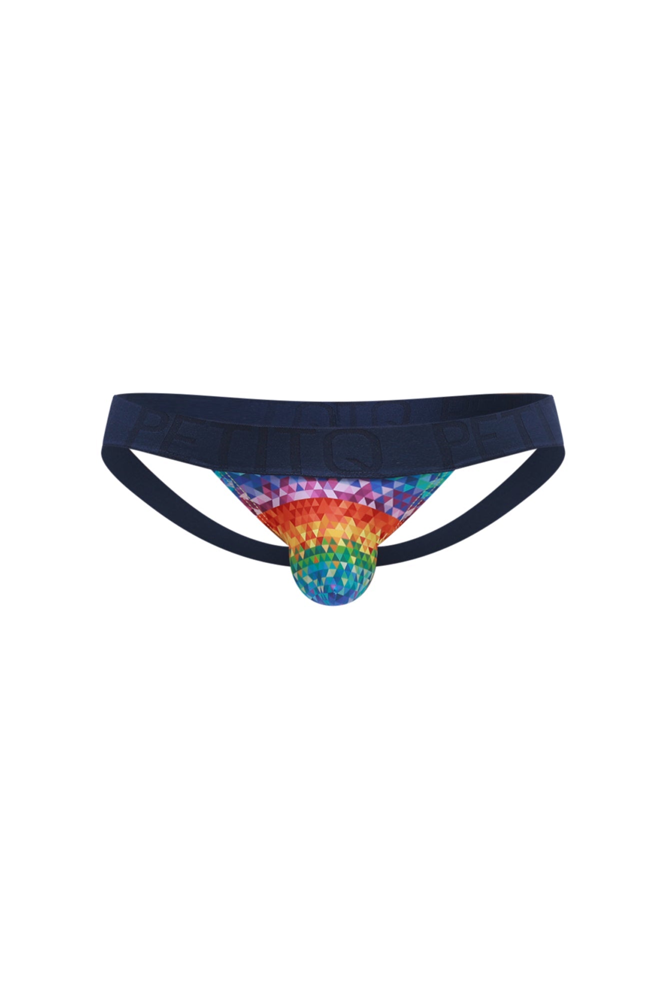 Navy blue PetitQ jockstrap thong with a rainbow geometric disco ball front panel called chill kaleidoscope