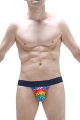 Petitq jockstrap chill kaleidoscope rainbow-patterned men’s briefs with dark blue waistband for comfortable wear