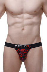 Black and red heart-patterned petitq men’s briefs with black waistband and king of hearts logo for stylish support
