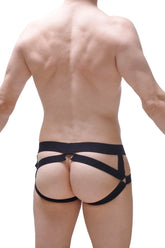 Black harness-style jockstrap lonray ascan briefs with central ring and multiple straps for enhanced support