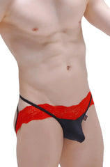 Jockstrap Ludios red and black lace-trimmed men’s briefs with a solid navy blue front panel