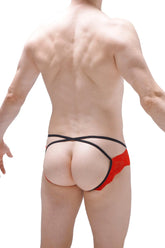 Red lace thong jockstrap ludios with black elastic straps showing the back side of the product