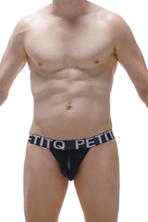 Black petitq jockstrap luscan lace briefs with sleek form-fitting design and contrasting white logo band on waistband