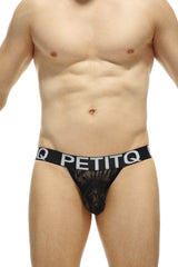 Black lace thong jockstrap luscan lace black with white petitq logo elastic band visible from front