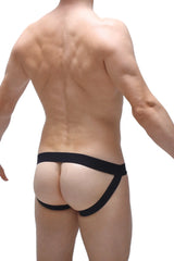 Black jockstrap Merpins with form-fitting athletic briefs, wide waistband, and supportive side straps for active wear