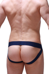 Navy blue modal athletic briefs with wide waistband and supportive side straps shown from the back