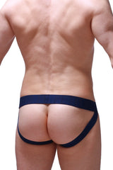 Navy blue modal athletic briefs with wide waistband and supportive side straps shown from the back