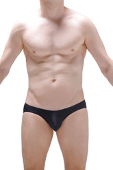 Black sleek form-fitting jockstrap montaut in satin-like finish showcasing smooth material and modern design