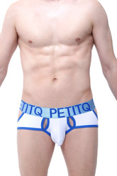 White and blue petitq men’s briefs with a bold logo band featured in the jockstrap montendry white product line