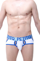 White and blue petitq men’s briefs with a bold logo band featured in the jockstrap montendry white product line