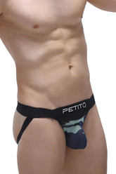 Black and camouflage petito brand brief jockstrap monviel net camo with supportive contoured design
