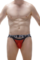 Red mesh men’s jockstrap briefs with black petitq elastic waistband in red featuring breathable mesh material