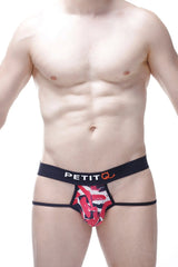 Red and white abstract patterned men’s briefs with black petitq waistband in jockstrap monze chick design