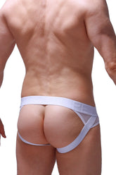 White mesh briefs jockstrap mosset marbre green with solid waistband and side straps front view
