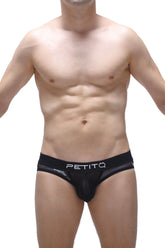 Black petitq men’s briefs jockstrap mosset net camo with sheer mesh panel and white logo on front side