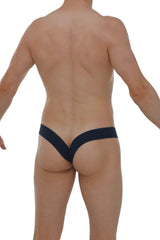 Back view of petitq jockstrap muy plum navy in navy blue thong with v-shaped cutout design and breathable fabric