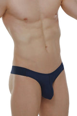 Navy blue petitq jockstrap muy plum navy thong with smooth form-fitting fabric and narrow waistband shown from the back